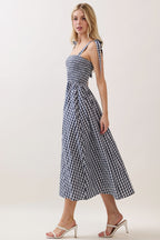 Navy Gingham Smocked Shoulder Tie Midi Dress