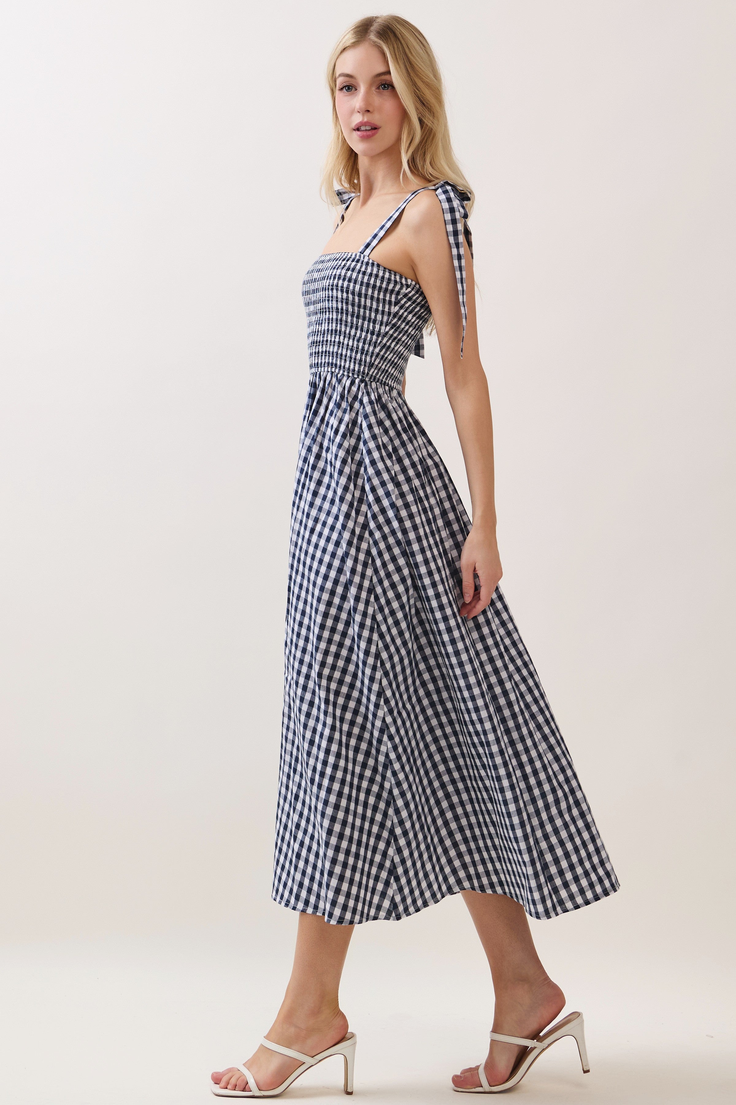 Navy Gingham Smocked Shoulder Tie Midi Dress