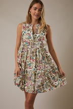 Multicolor Leaf Print Sleeveless Tiered Dress