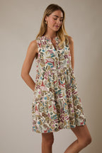 Multicolor Leaf Print Sleeveless Tiered Dress