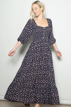 Navy Floral Smocked Button Accent Maxi Dress