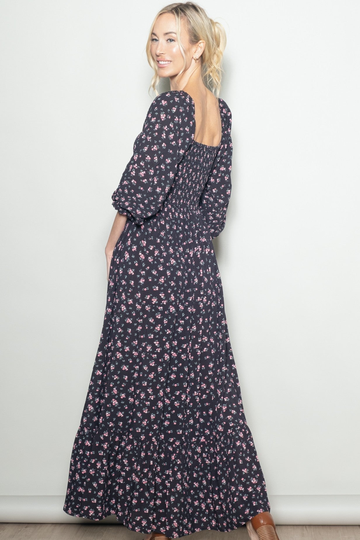 Navy Floral Smocked Button Accent Maxi Dress