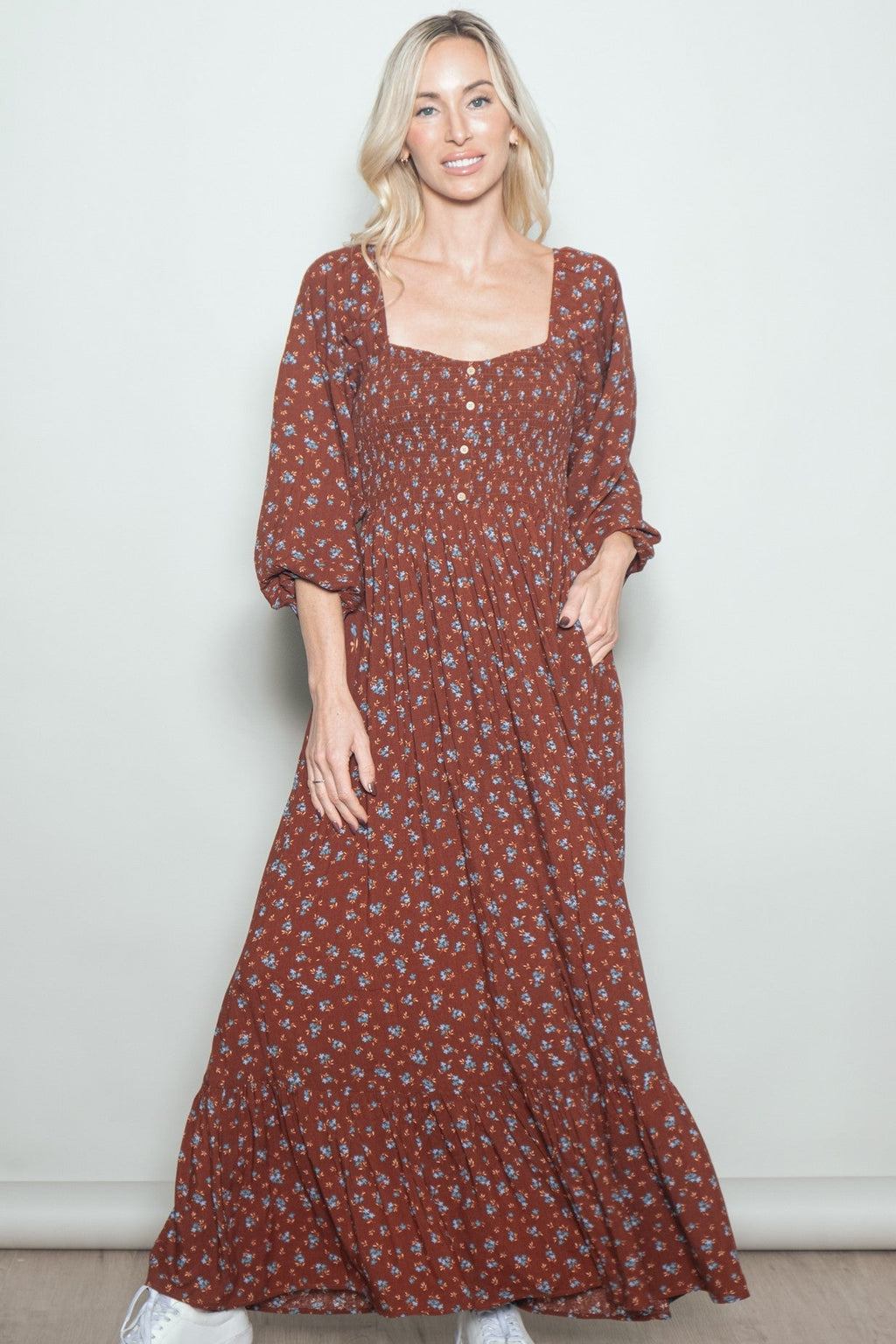 Mahogany Floral Smocked Button Accent Maxi Dress