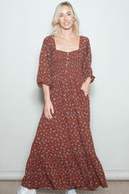 Mahogany Floral Smocked Button Accent Maxi Dress