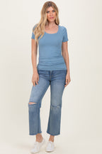 Dusty Blue Ribbed Ruched Short Sleeve Top