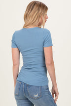 Dusty Blue Ribbed Ruched Short Sleeve Top