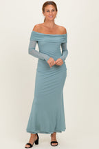 Blue Mesh Overlay Off Shoulder Long Sleeve Midi Dress