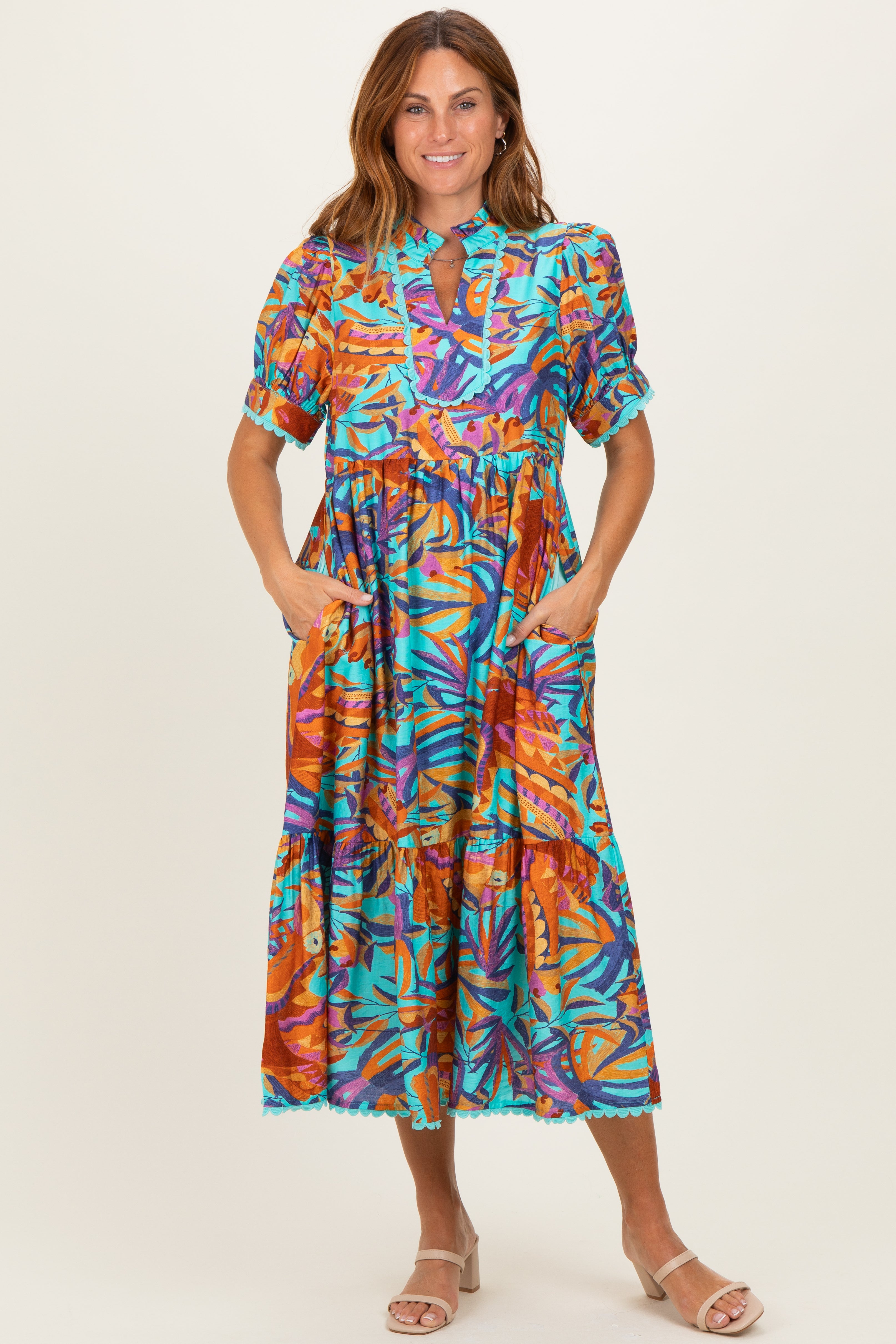 Aqua Mix Leaf Print Pocketed Midi Dress