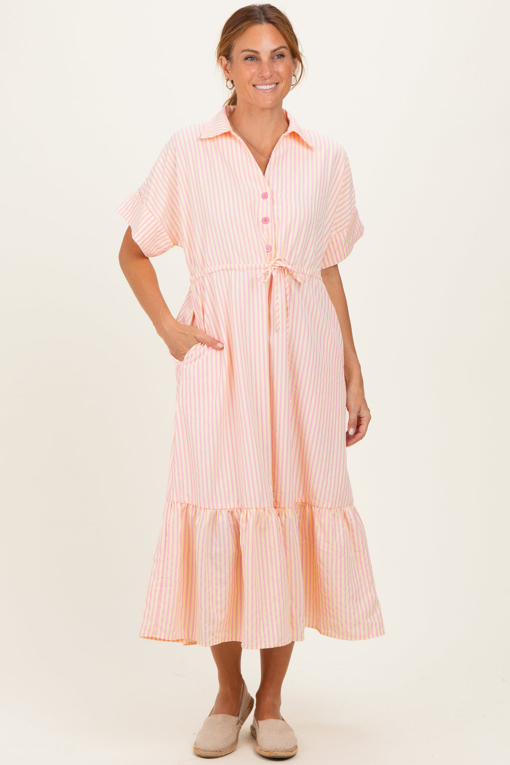 Yellow Striped Button Collared Midi Dress