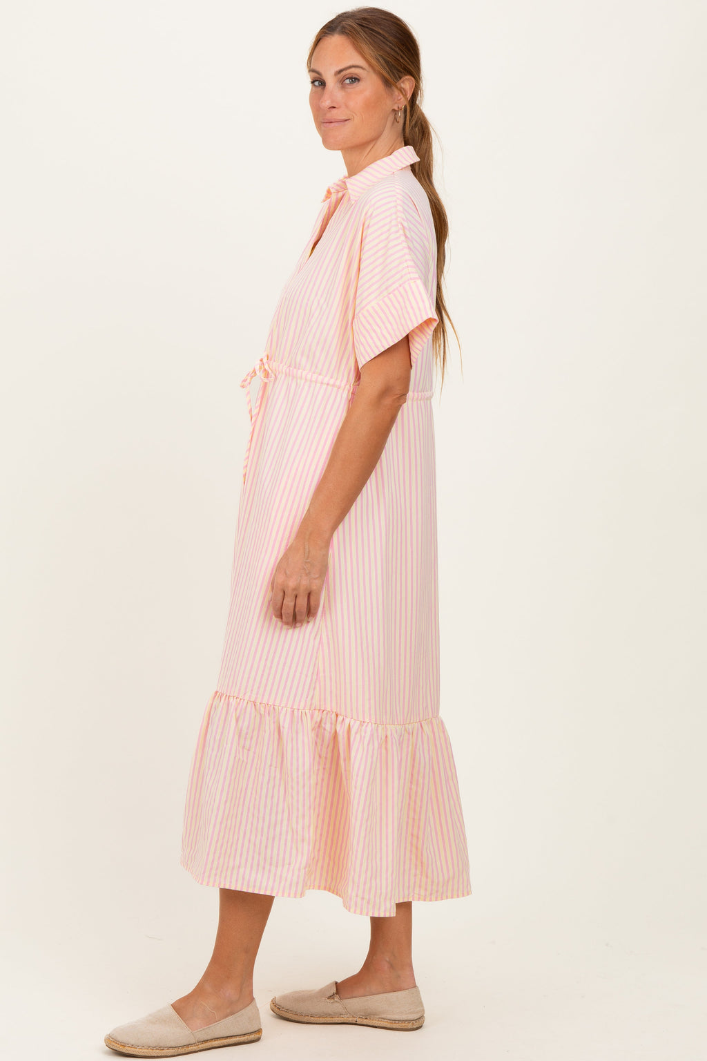 Yellow Striped Button Collared Midi Dress