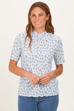 Blue Floral Ruffle Trim Short Sleeve Top