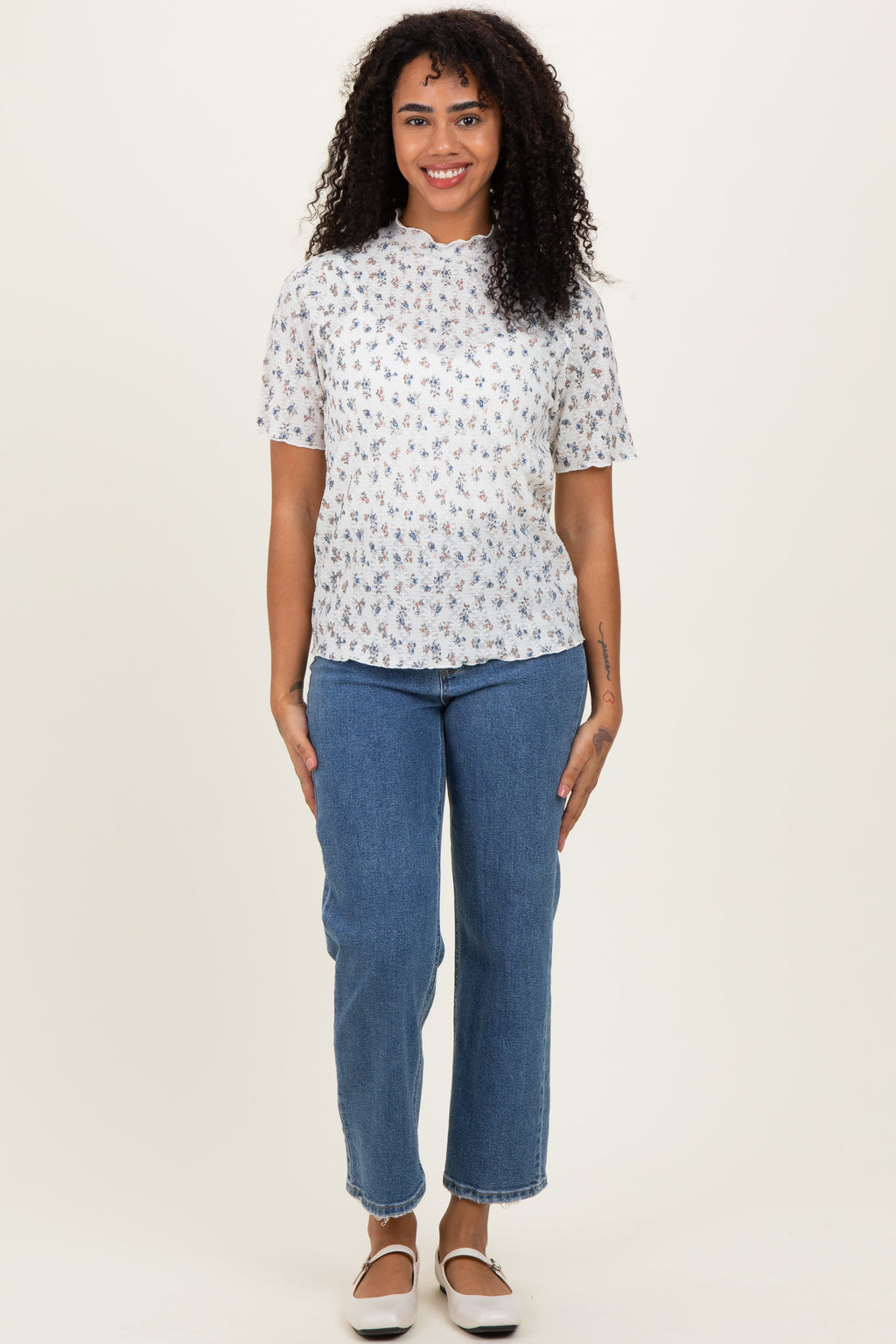 Ivory Floral Ruffle Trim Short Sleeve Top