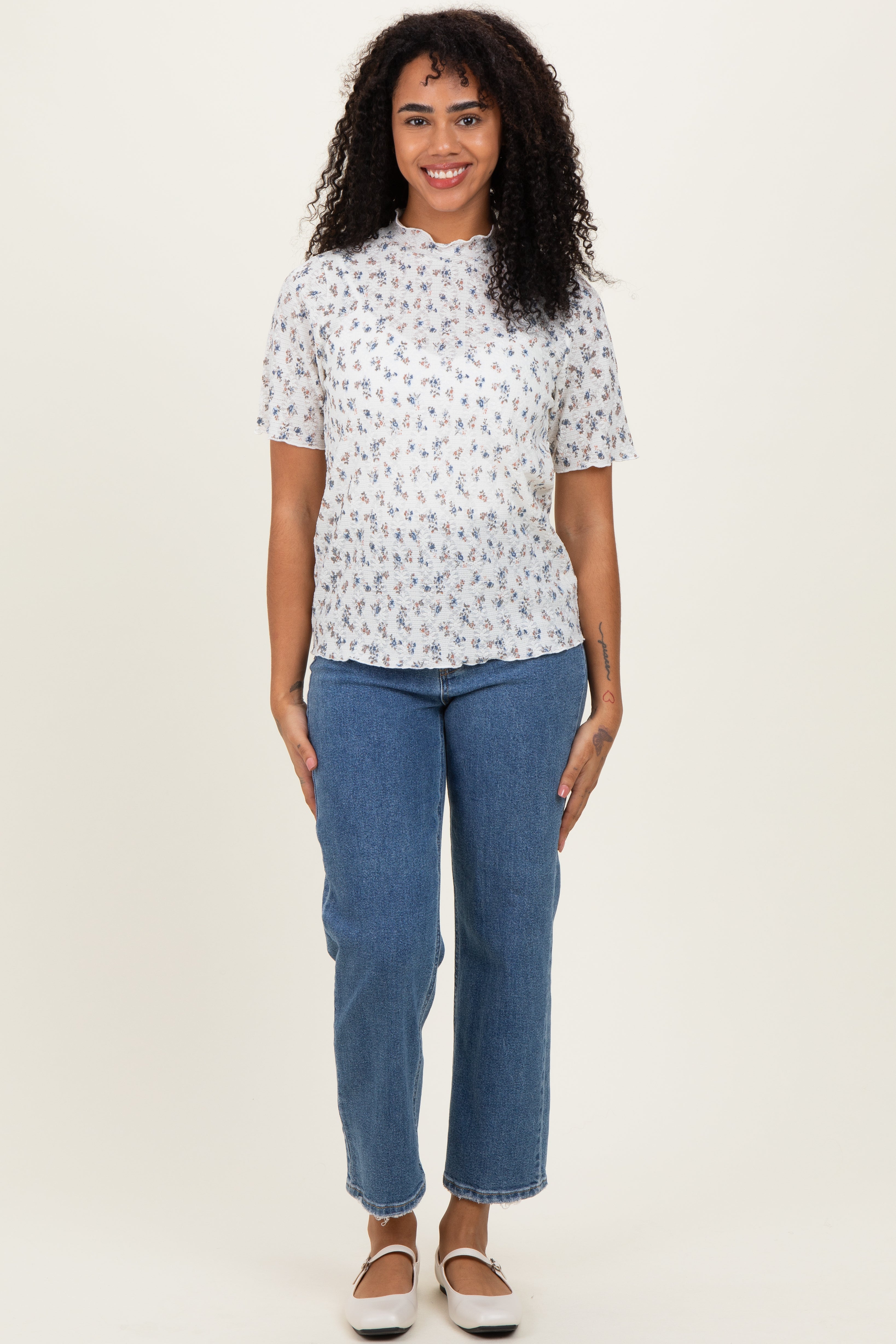 Ivory Floral Ruffle Trim Short Sleeve Top