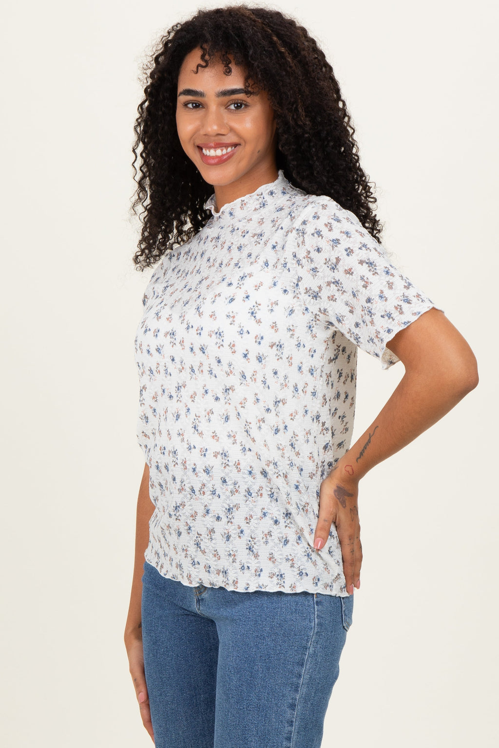 Ivory Floral Ruffle Trim Short Sleeve Top