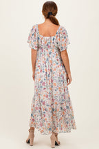 Ivory Floral Short Sleeve Maxi Dress