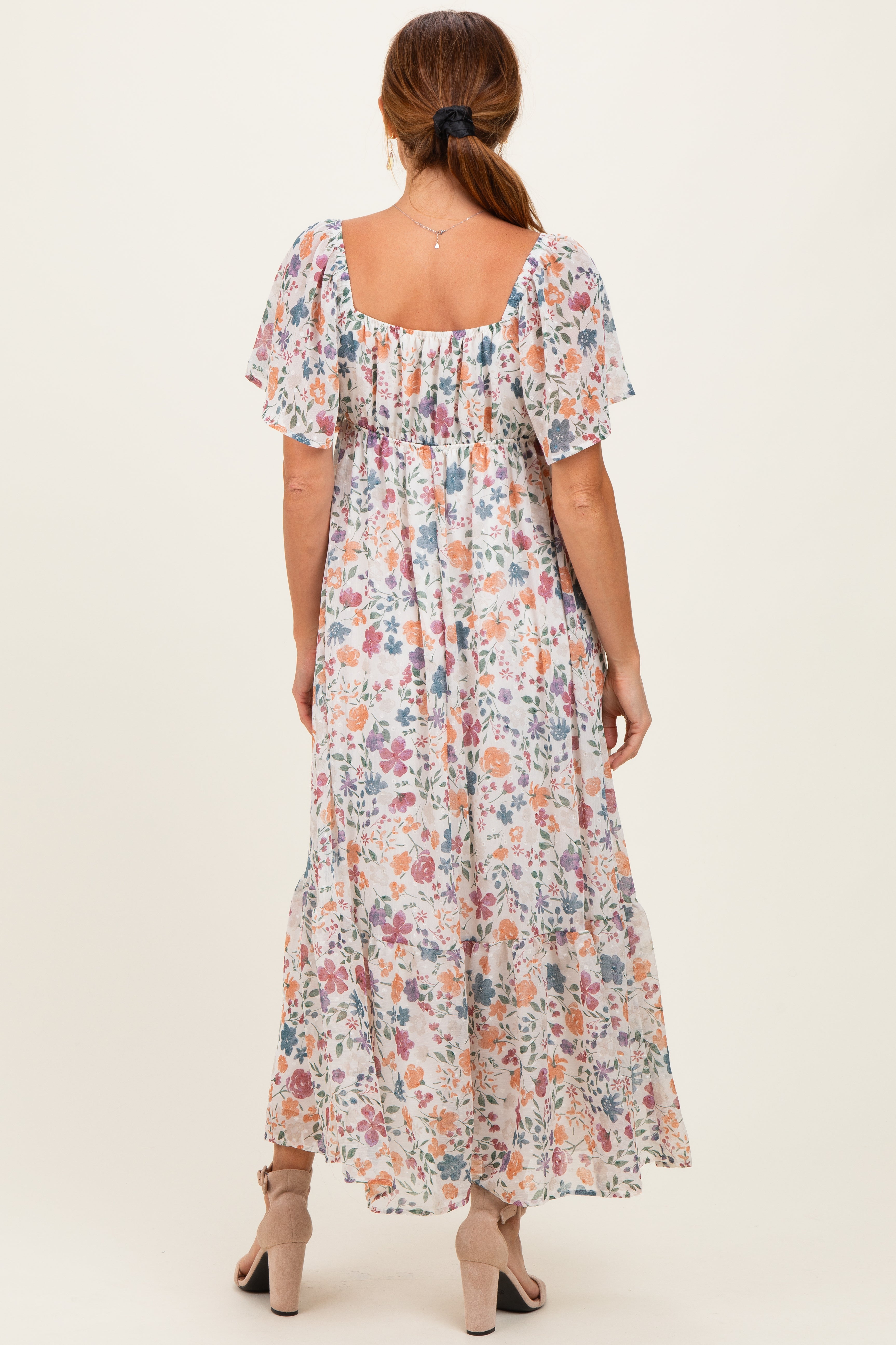 Ivory Floral Short Sleeve Maxi Dress