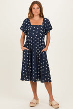 Navy Blue Floral Embroidered Short Sleeve Dress