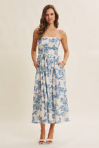 Blue Floral Strapless Midi Dress