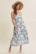 Blue Floral Strapless Midi Dress