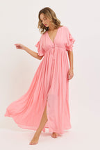Pink Button Down Deep V-Neck Maxi Dress