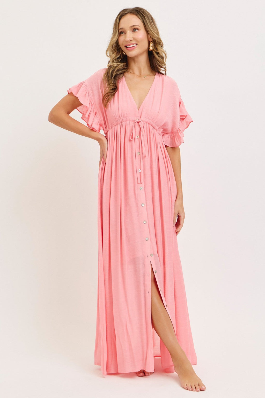 Pink Button Down Deep V-Neck Maxi Dress