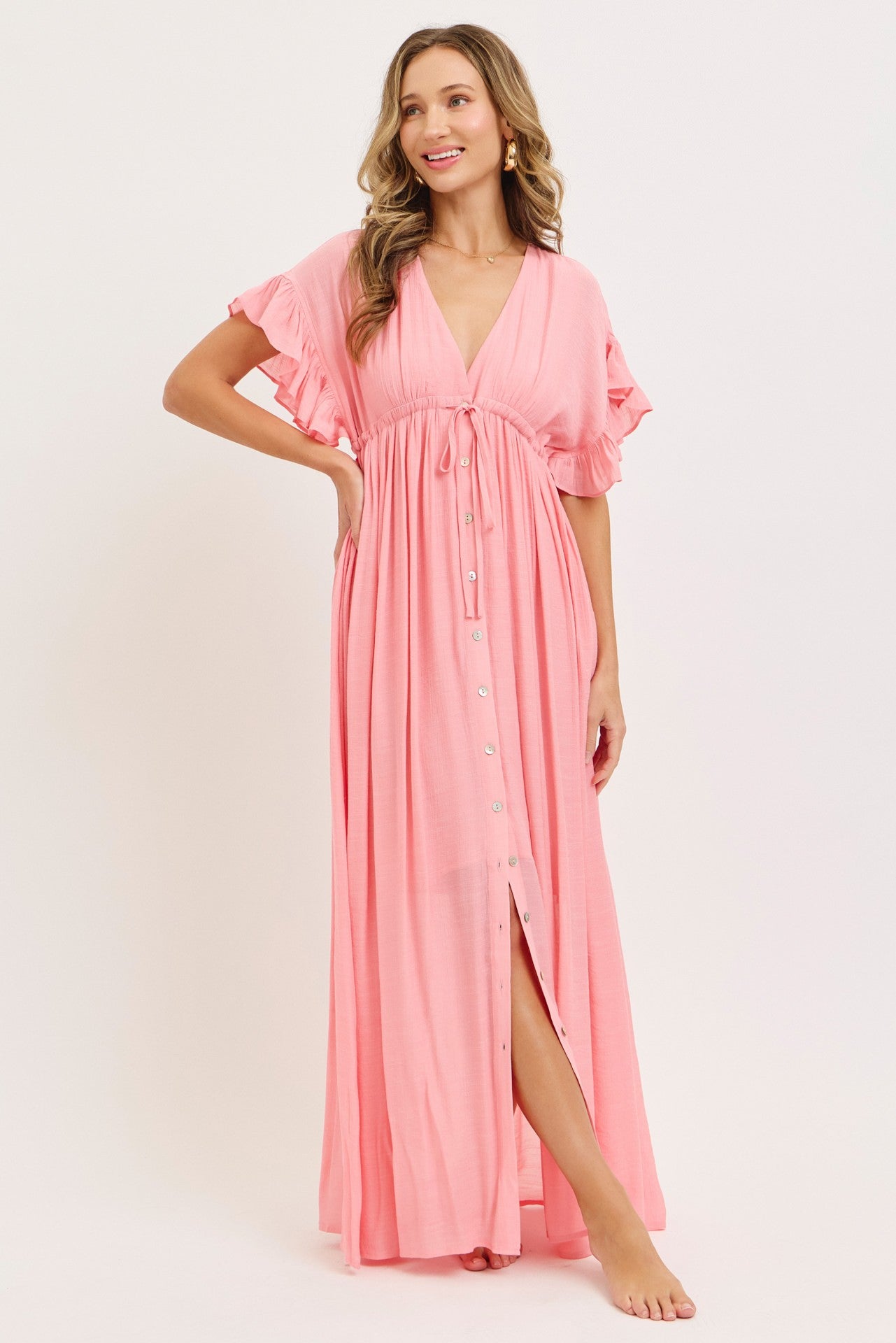 Pink Button Down Deep V-Neck Maxi Dress
