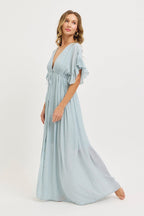 Light Blue Button Down Deep V-Neck Maxi Dress