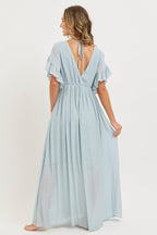 Light Blue Button Down Deep V-Neck Maxi Dress