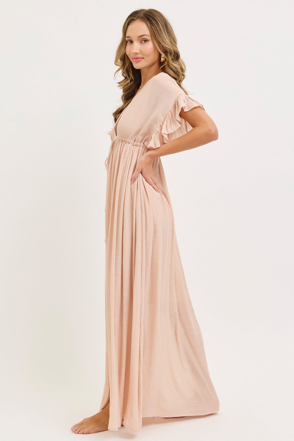 Light Pink Button Down Deep V-Neck Maxi Dress