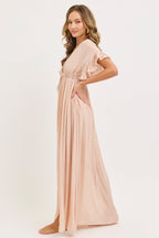 Light Pink Button Down Deep V-Neck Maxi Dress