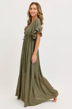Olive Button Down Deep V-Neck Maxi Dress