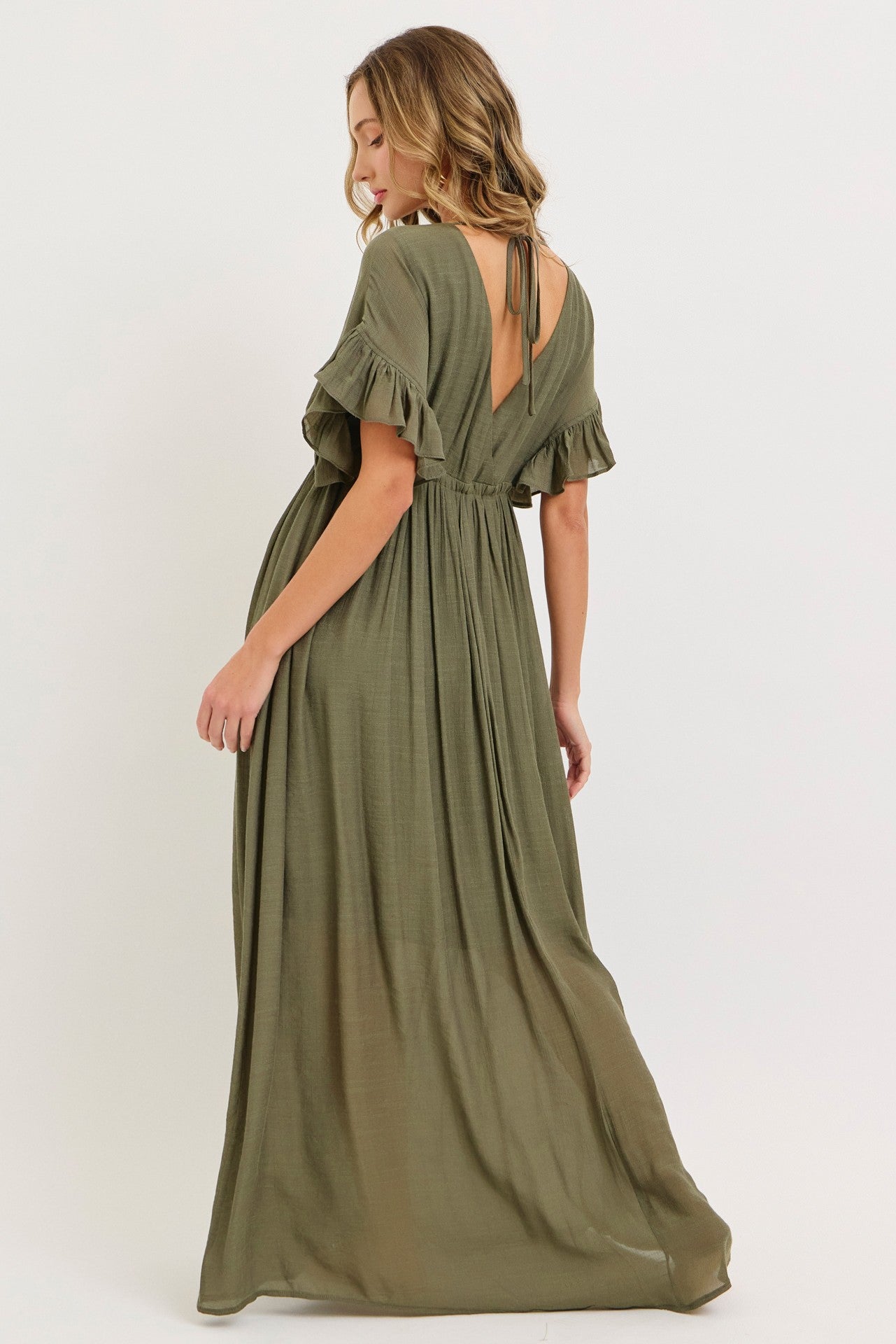 Olive Button Down Deep V-Neck Maxi Dress