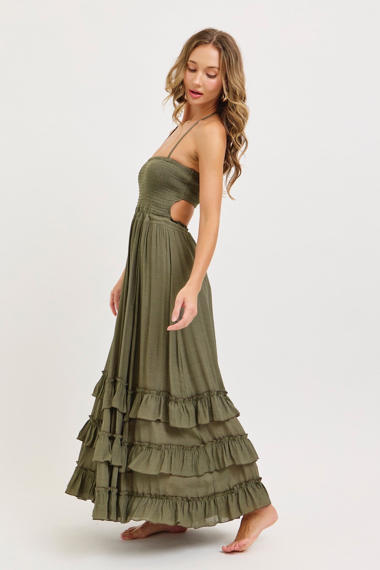Olive Halter Smocked Ruffle Tier Hem Maxi Dress