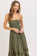 Olive Halter Smocked Ruffle Tier Hem Maxi Dress