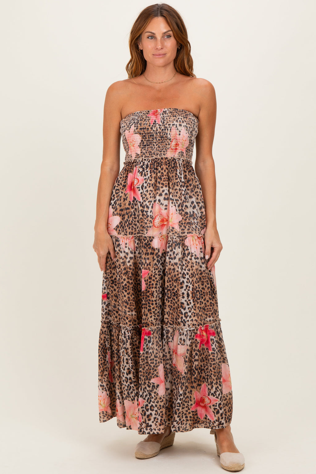 Mocha Animal Print Floral Smocked Strapless Maxi Dress