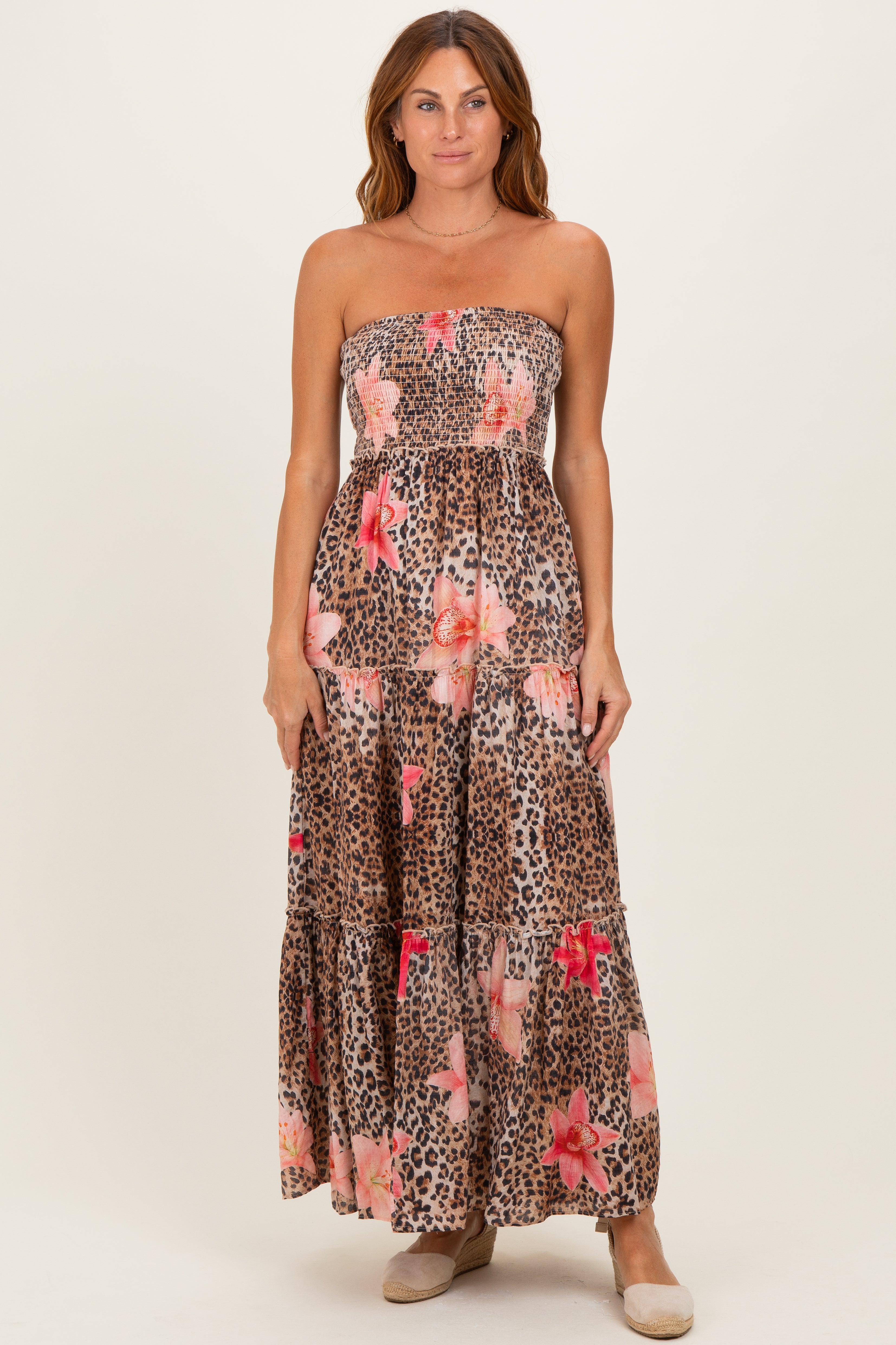 Mocha Animal Print Floral Smocked Strapless Maxi Dress