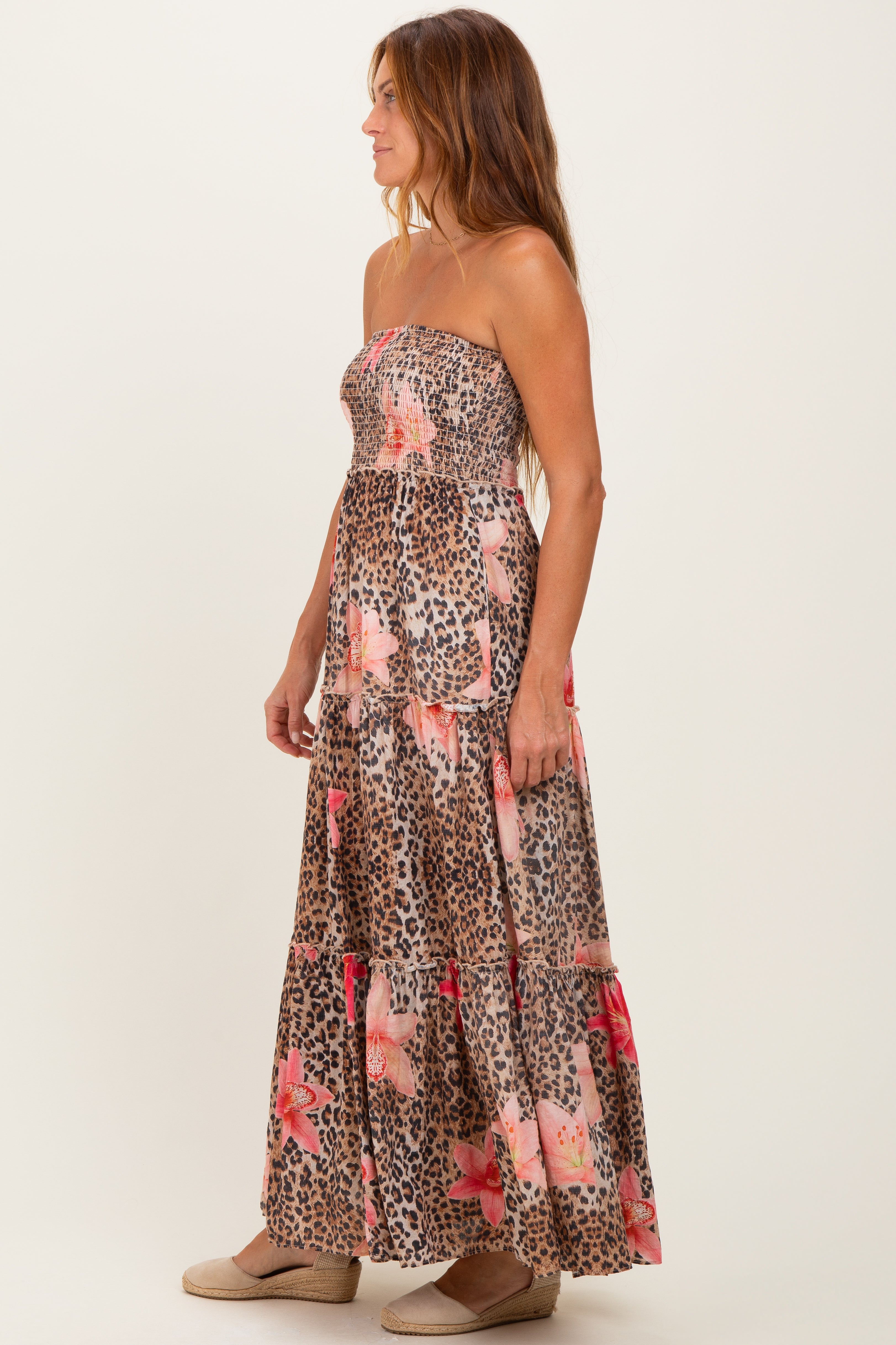 Mocha Animal Print Floral Smocked Strapless Maxi Dress