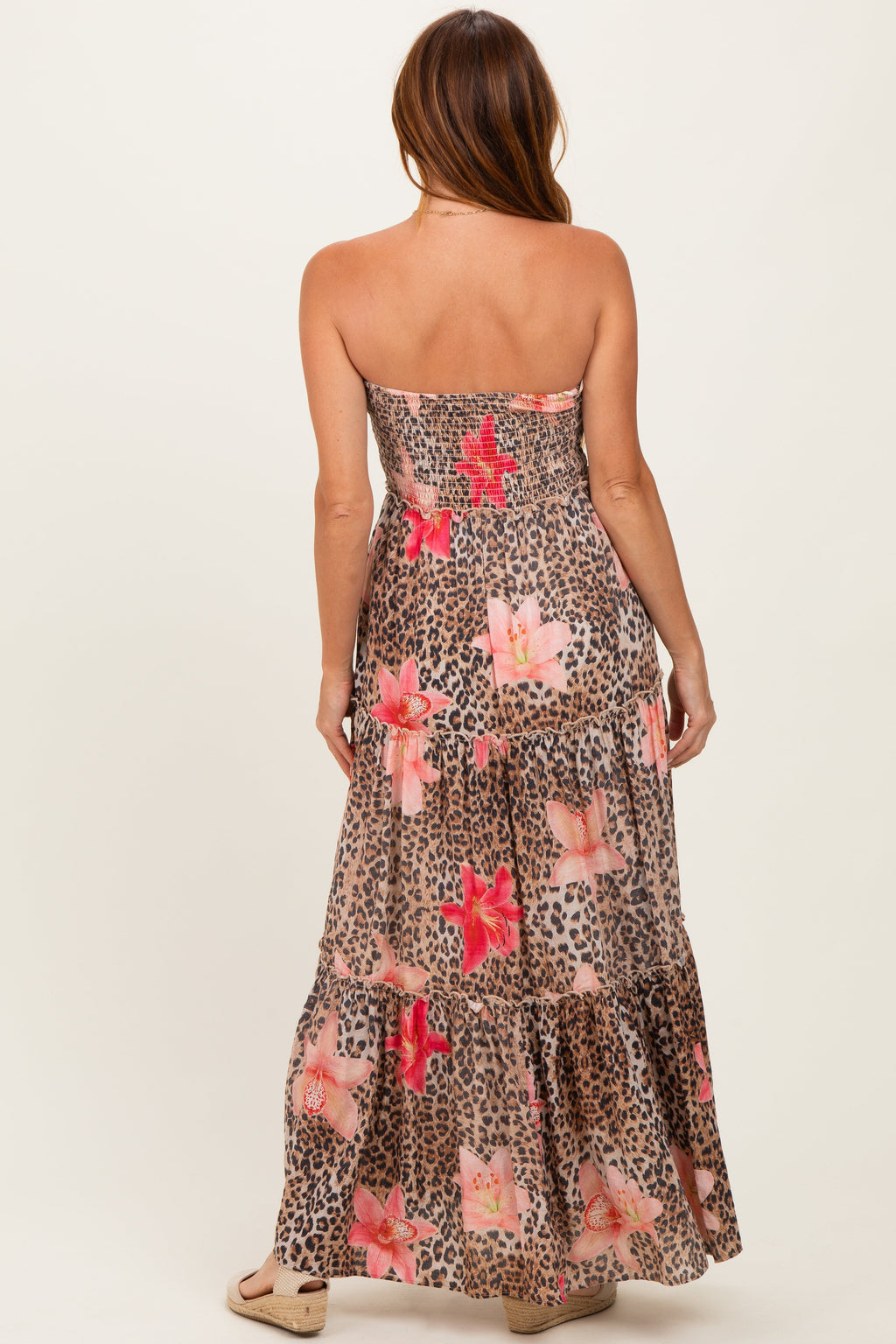 Mocha Animal Print Floral Smocked Strapless Maxi Dress