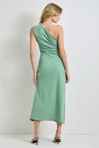 Green Striped One Shoulder Midi Dress