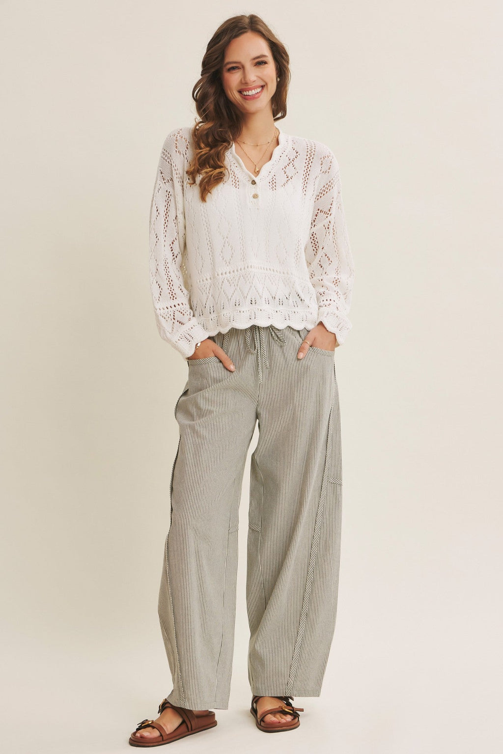 Olive Green Striped Cotton Barrel Leg Pants
