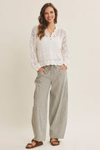 Olive Green Striped Cotton Barrel Leg Pants