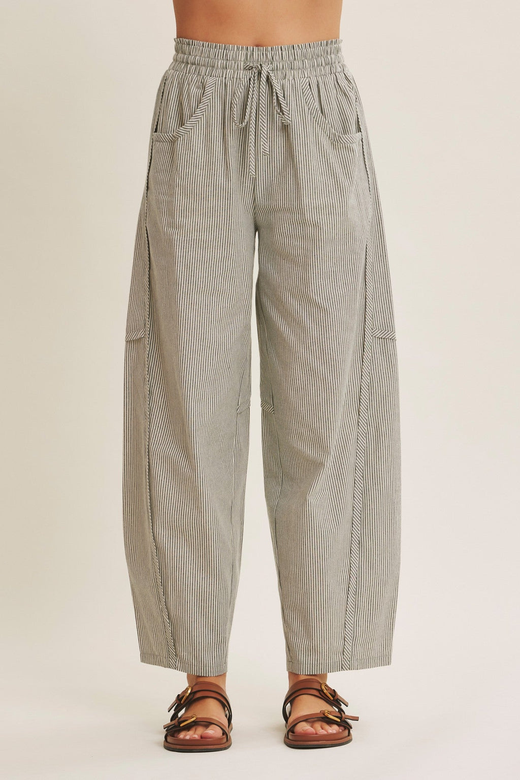 Olive Green Striped Cotton Barrel Leg Pants