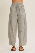 Olive Green Striped Cotton Barrel Leg Pants
