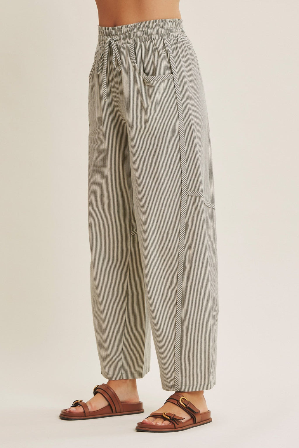 Olive Green Striped Cotton Barrel Leg Pants
