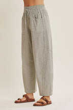 Olive Green Striped Cotton Barrel Leg Pants