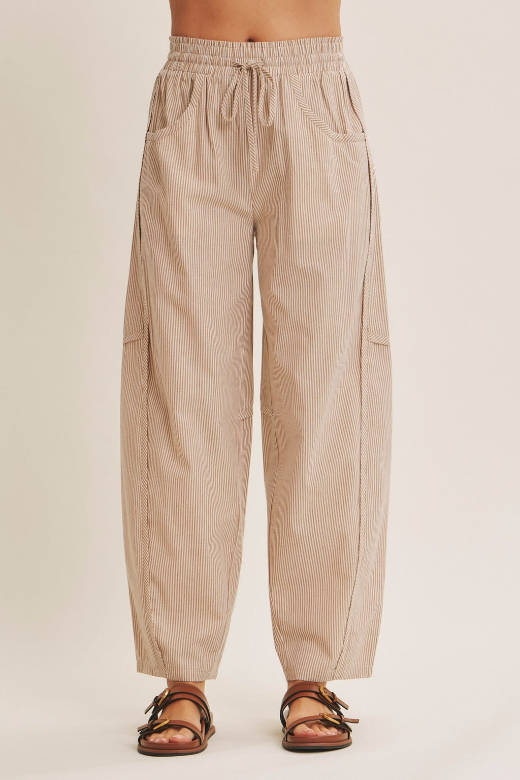Camel Striped Cotton Barrel Leg Pants