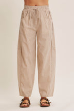 Camel Striped Cotton Barrel Leg Pants