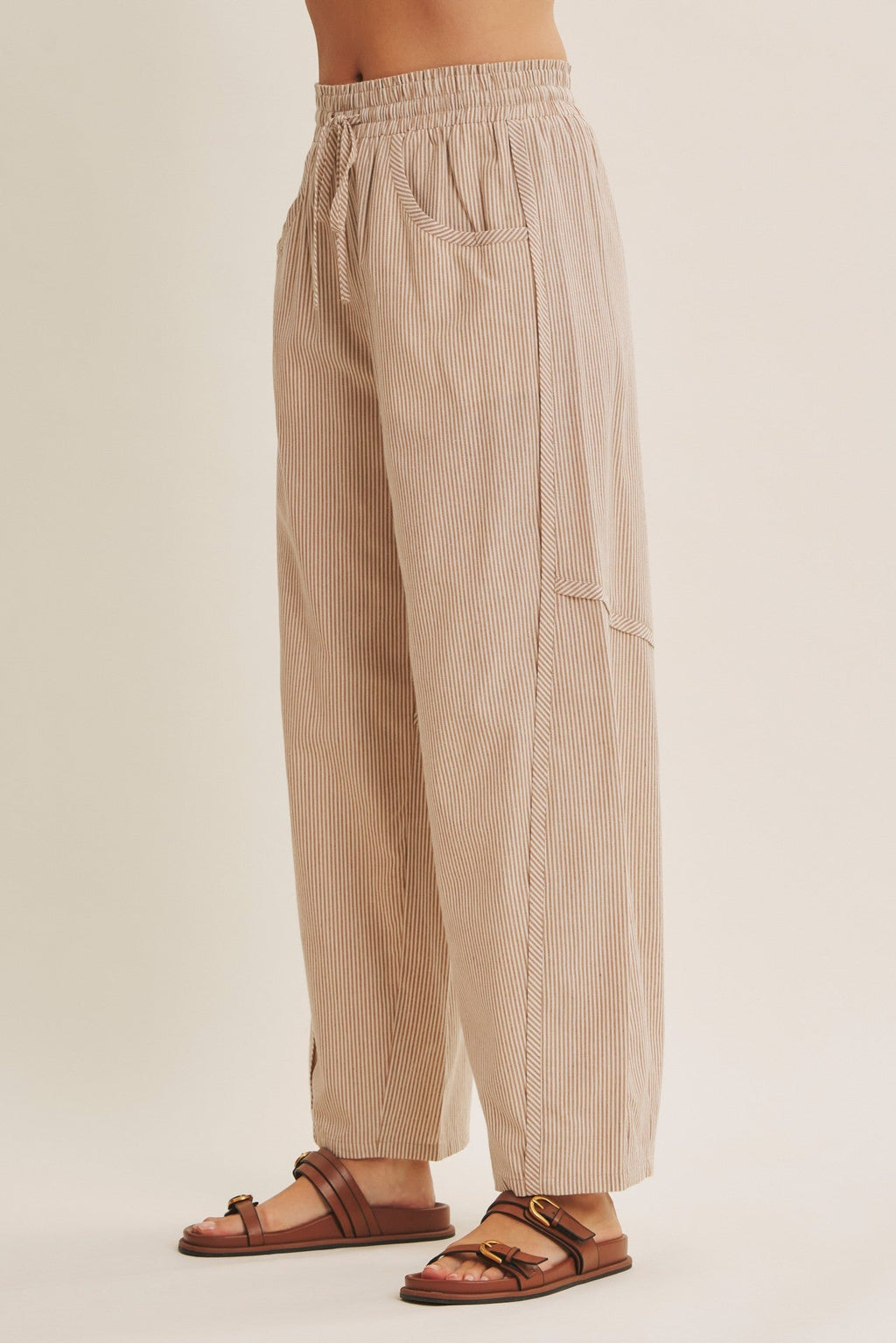 Camel Striped Cotton Barrel Leg Pants