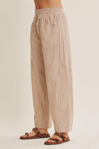 Camel Striped Cotton Barrel Leg Pants