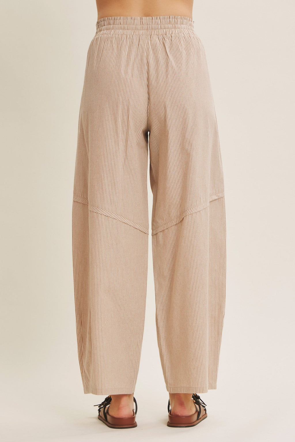 Camel Striped Cotton Barrel Leg Pants